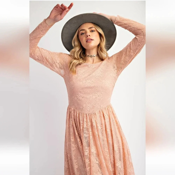 New Easel Lace Layered Long Sleeve Midi Dress Mauve Pink - Picture 2 of 6